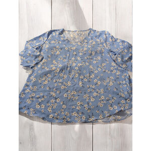 Plus Size‎ 3XL XXX Top Blue Floral Split Sleeve Stretch V-Neck Blouse
